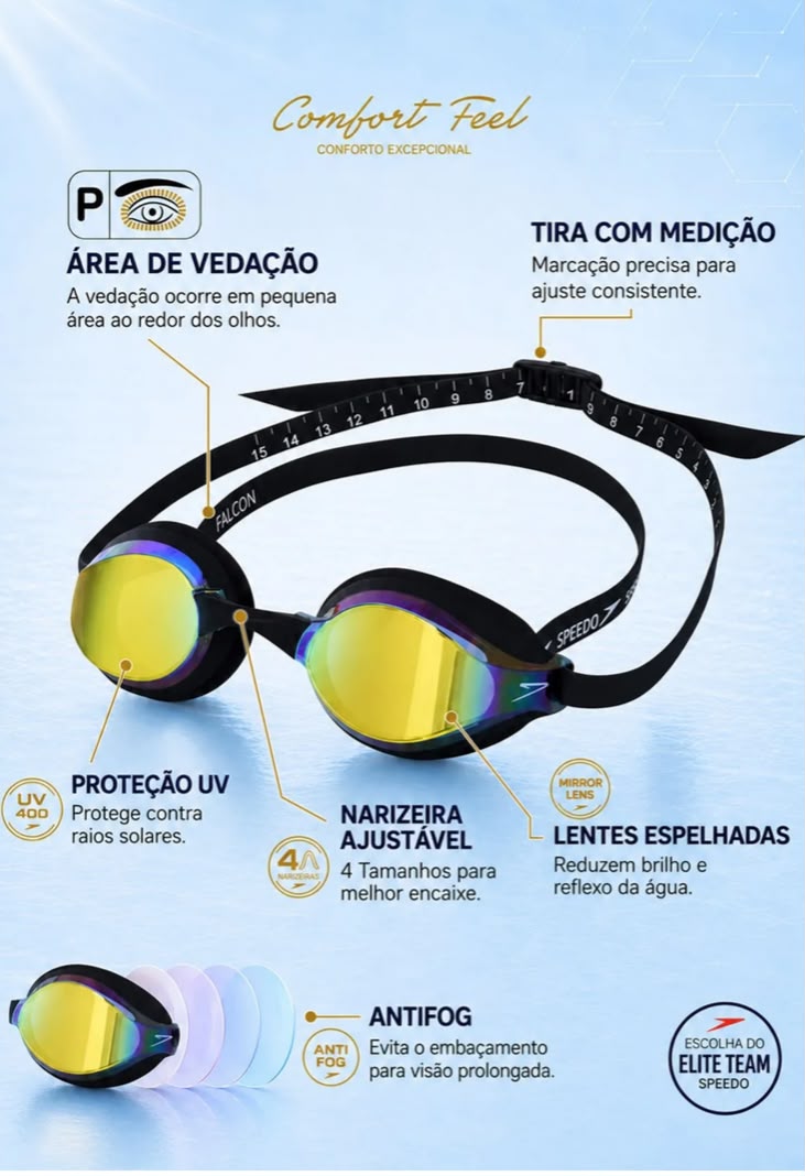 ÓCULOS DE NATAÇÃO LENTE ESPELHADA FALCON PRETO REVO GOLD